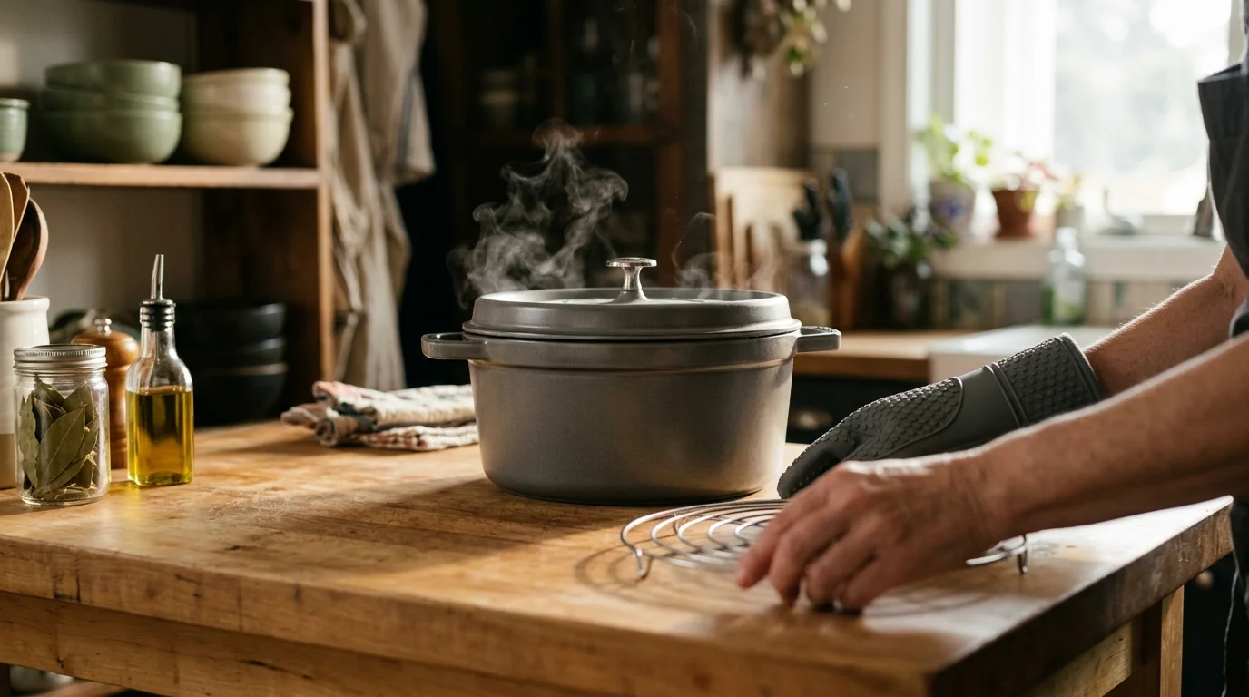 Steaming grey Dutch oven on a wooden kitchen counter next to a person in an oven mitt placing a wire trivet.