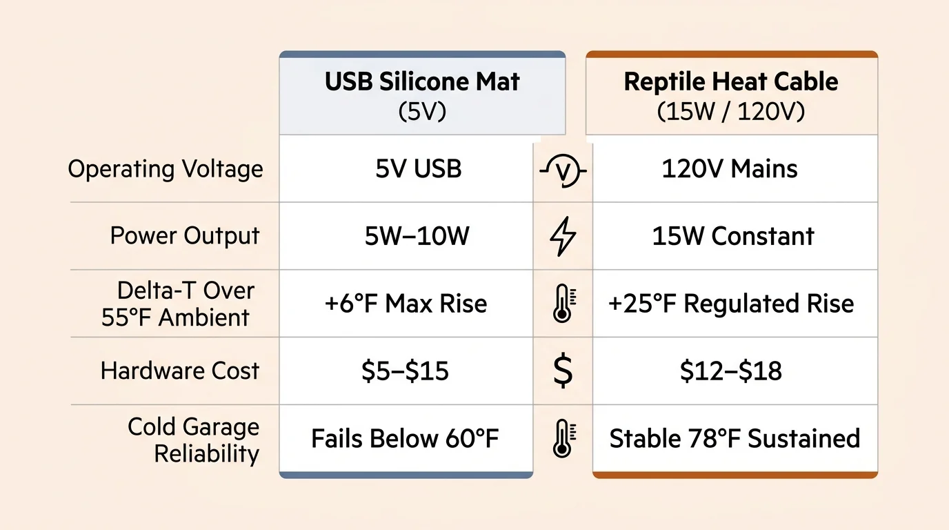 Comparison table contrasting operating voltage, power output, delta-T, hardware cost, and reliability of two heaters.