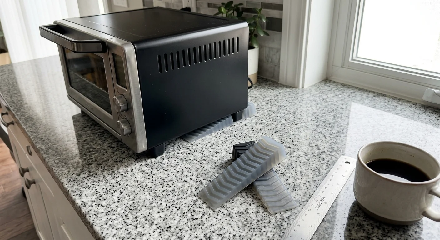 Countertop toaster oven propped on silicone leveling shims beside a metal ruler and a mug of coffee on granite.