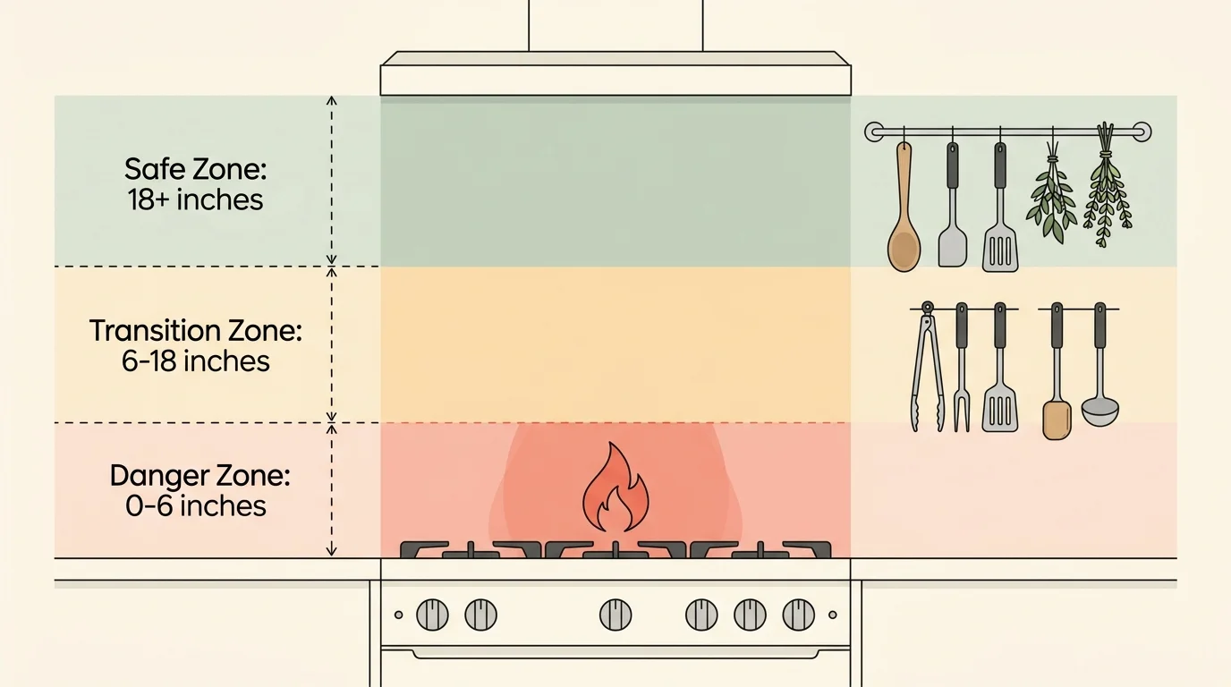 Diagram of stovetop heat zones from Danger Zone to Safe Zone, showing utensils and herbs hung on wall racks.