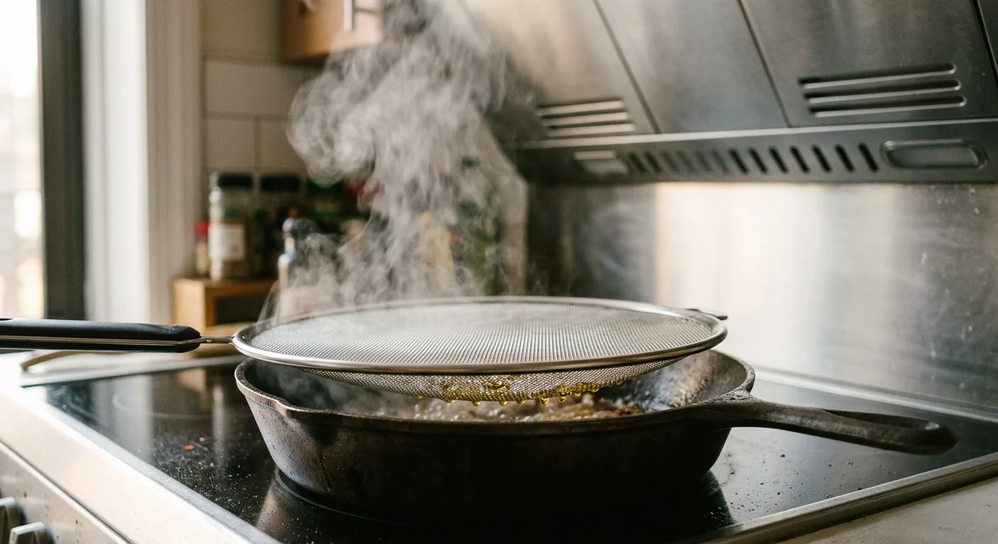 A round mesh splatter screen resting over a steaming cast iron skillet on a glass stovetop.