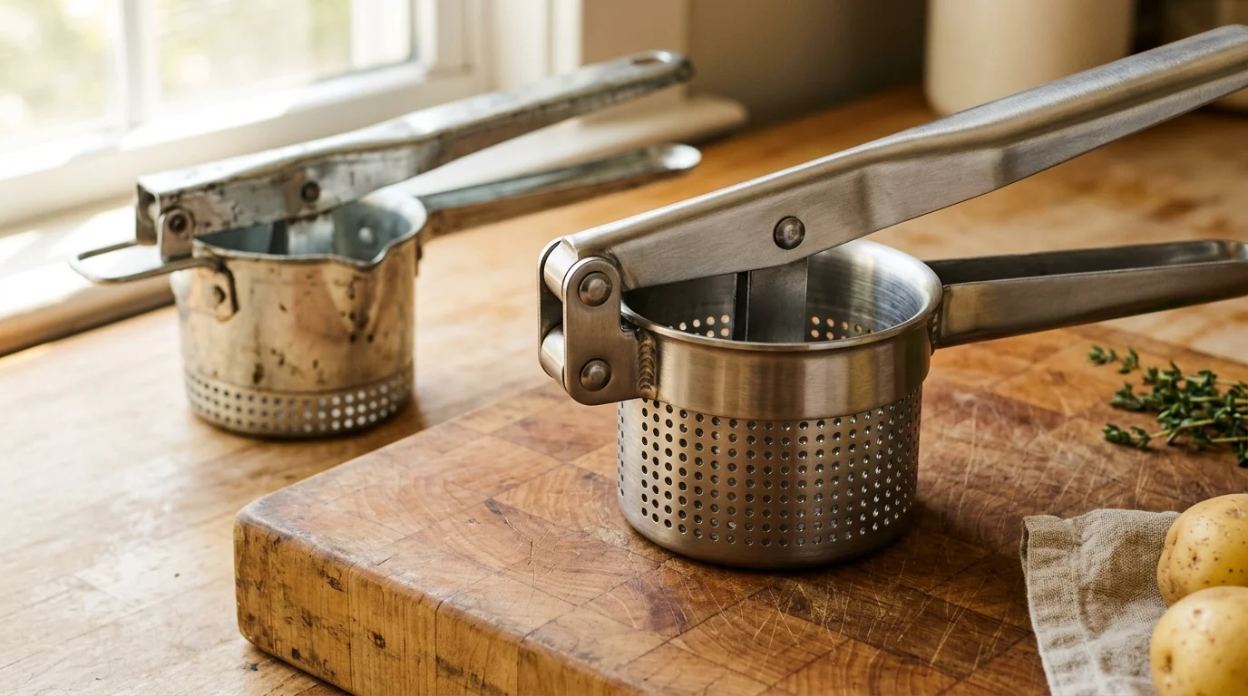 A brushed stainless steel potato ricer on a butcher block beside potatoes, with an older metal ricer behind it.