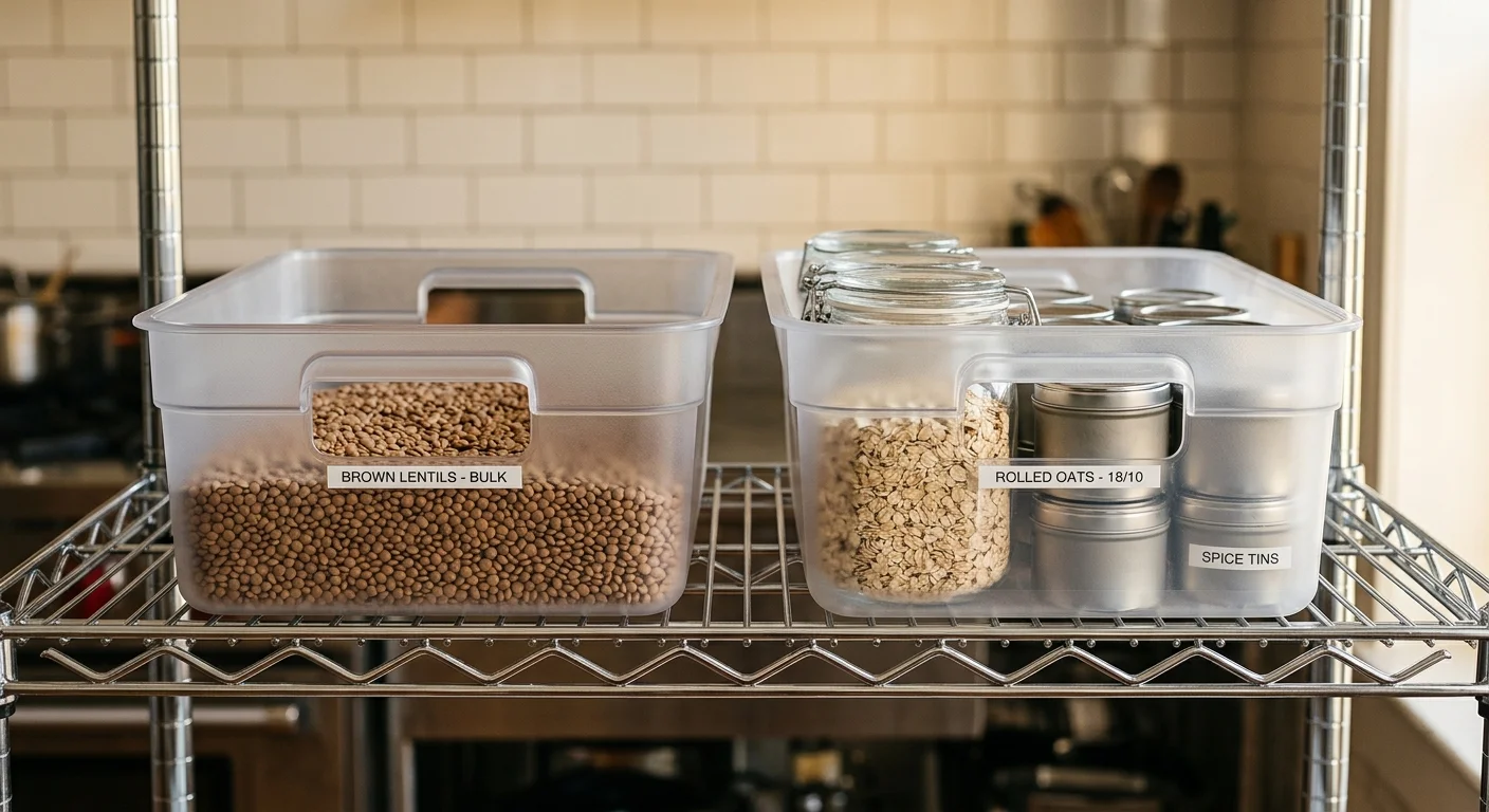 Clear plastic storage bins holding lentils and pantry jars sit on a chrome wire shelf.