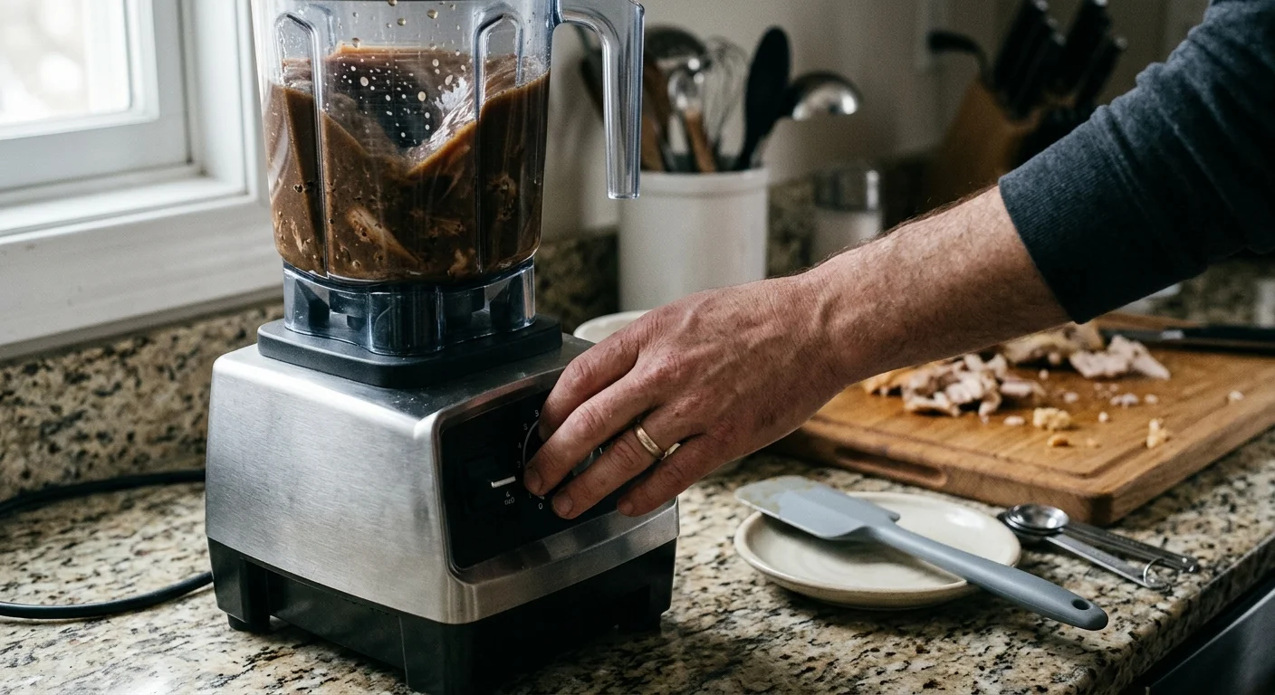 A person's hand turns the dial on a stainless steel blender filled with a thick brown mixture on a kitchen counter.
