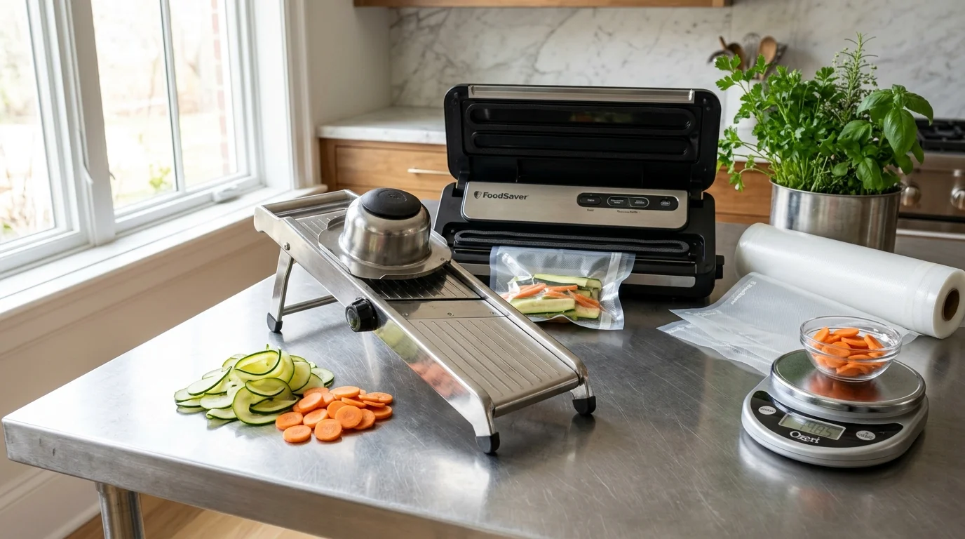 A mandoline slicer, open vacuum sealer, digital kitchen scale, and sliced vegetables on a stainless steel counter.