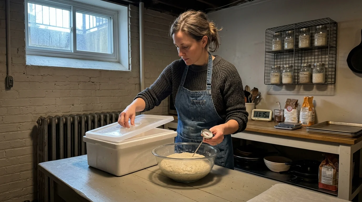 A woman in a denim apron checks dough temperature with a thermometer beside a white insulated cooler box in a basement kitchen.