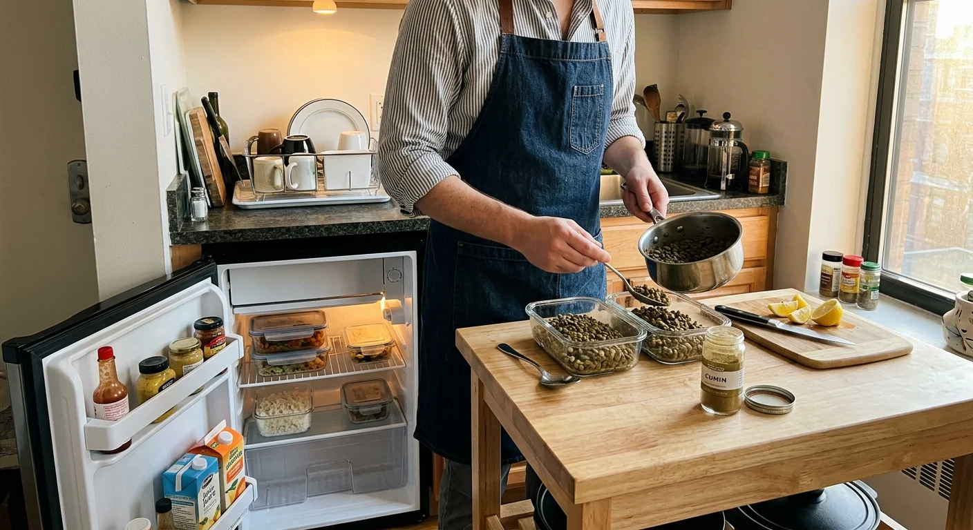 Person in a denim apron spoons lentils into glass meal prep containers next to an open, stocked mini-fridge.