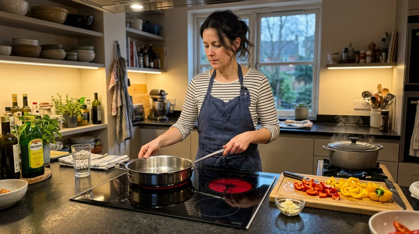 A woman in an apron sets a stainless steel skillet onto a lit electric glass cooktop in a kitchen.