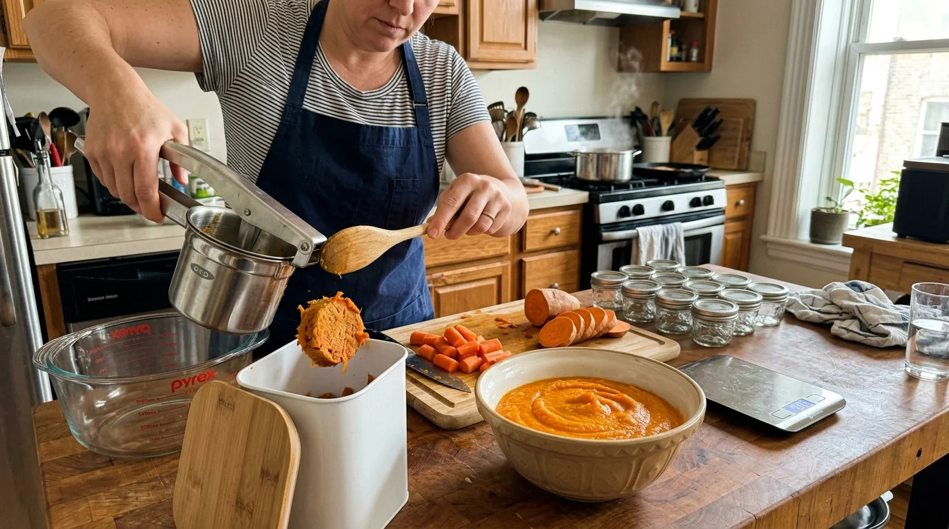 A person scrapes sweet potato mash from a stainless potato ricer beside a bowl of orange purée and small glass jars.