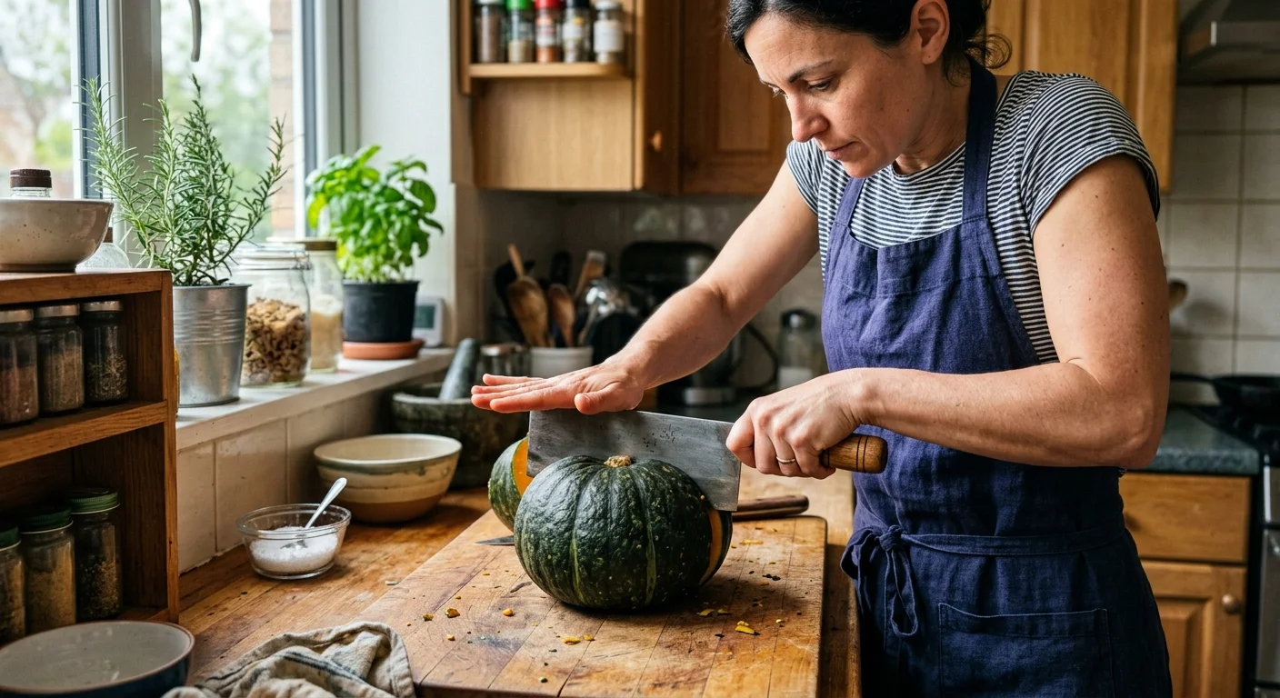 Home cook safely applying downward palm pressure to the spine of a cleaver while splitting a dense kabocha squash.