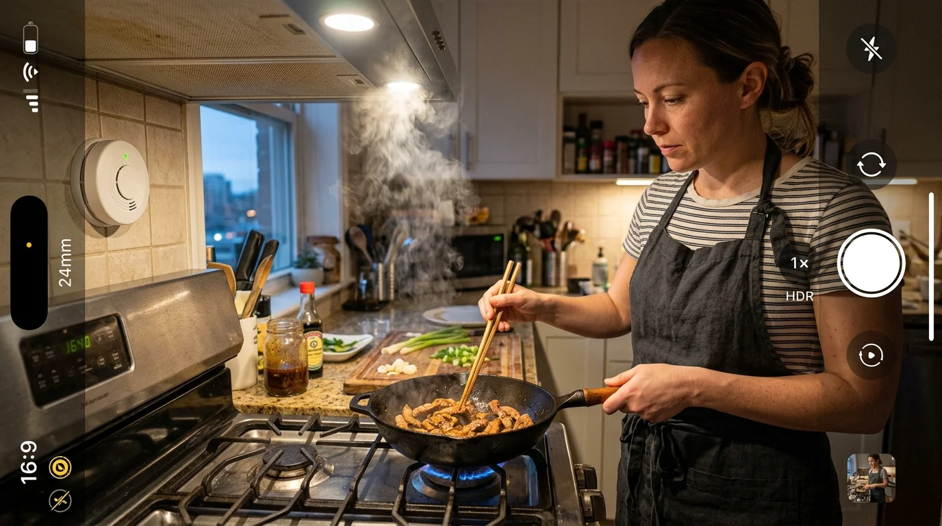 A woman uses chopsticks to cook food in a steaming skillet on a gas stove in a home kitchen.
