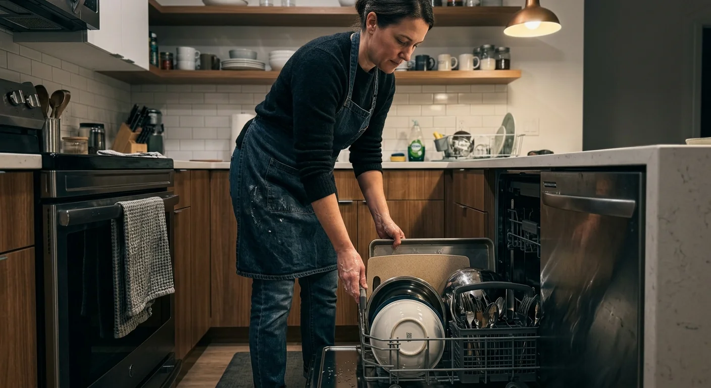 A woman wearing a denim apron loads a metal baking sheet into the bottom rack of an open dishwasher in a modern kitchen.