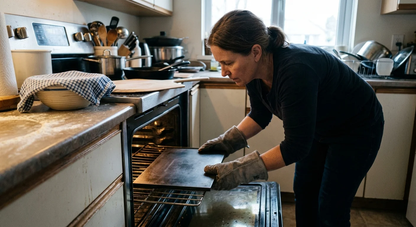 A woman wearing heat-resistant gloves slides a heavy rectangular baking steel into an open oven.