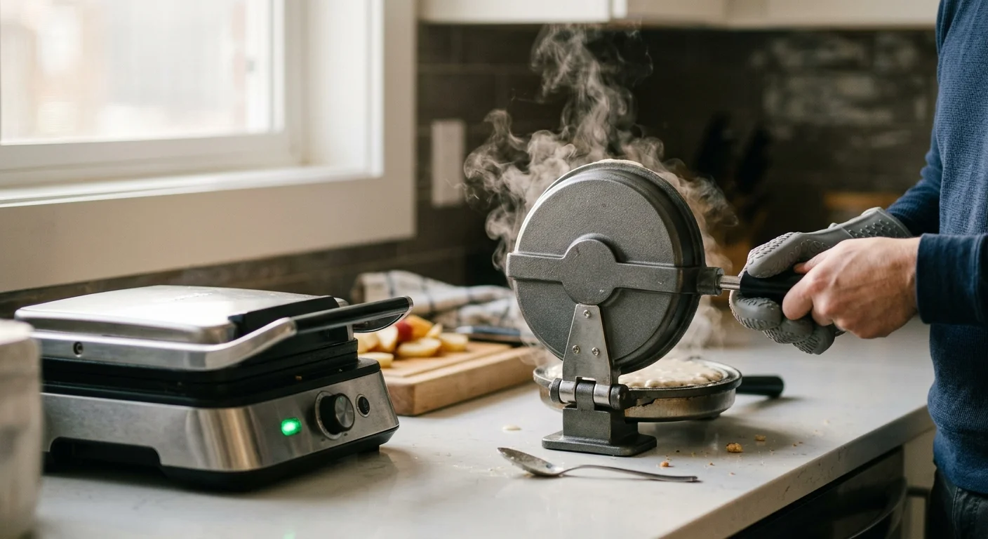 A person wearing an oven mitt opens a steaming round waffle iron beside a closed square waffle maker on a kitchen counter.