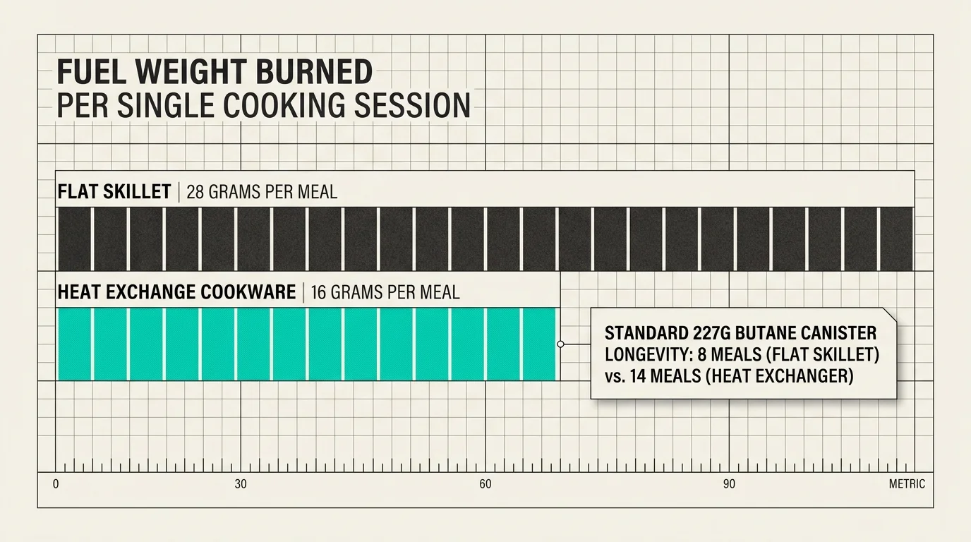 Bar chart comparing fuel burned per meal between a flat skillet at 28 grams and heat exchange cookware at 16 grams.