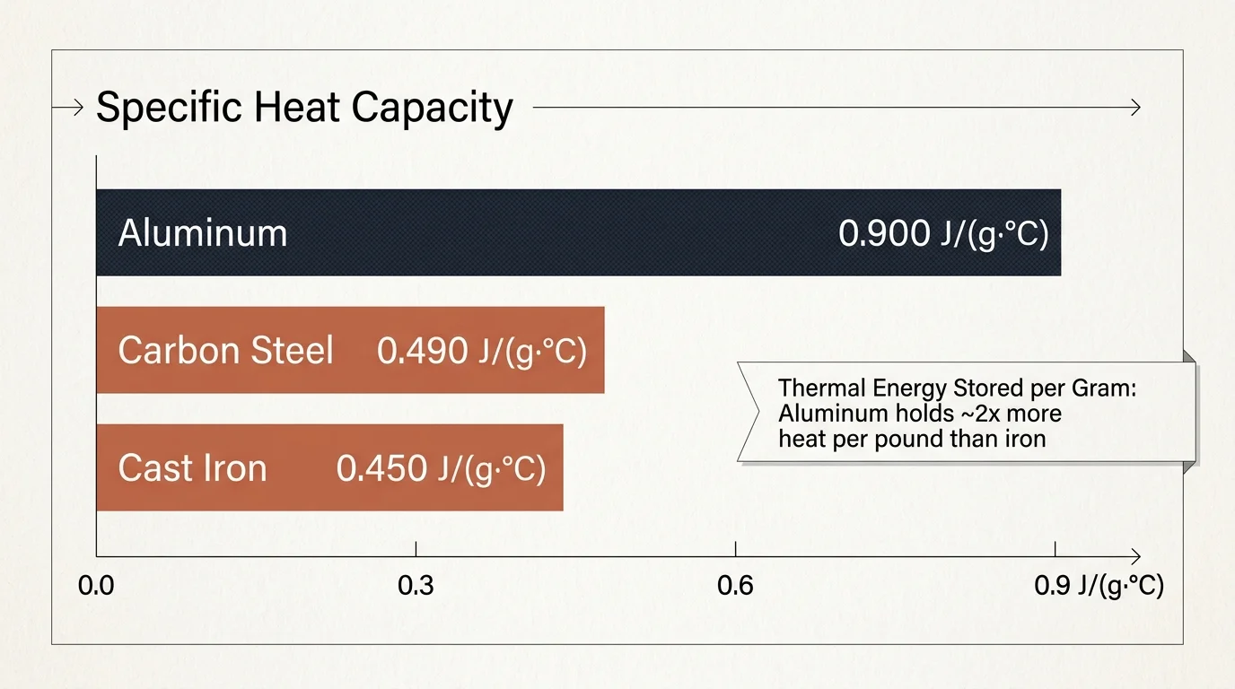Bar chart comparing specific heat capacity of aluminum at 0.900, carbon steel at 0.490, and cast iron at 0.450 J/(g·°C).