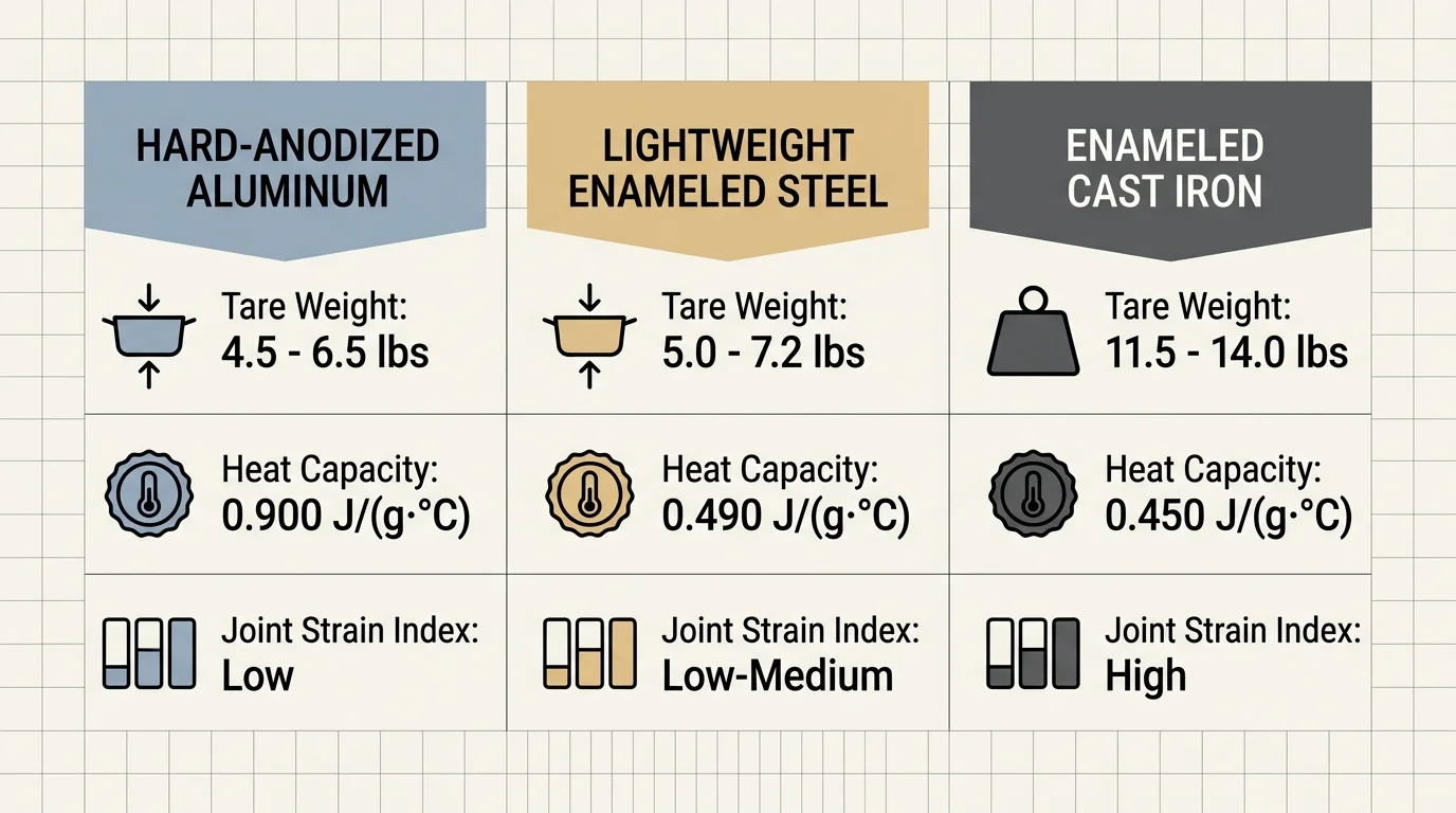 Comparison chart of hard-anodized aluminum, lightweight enameled steel, and enameled cast iron tare weight and heat capacity.