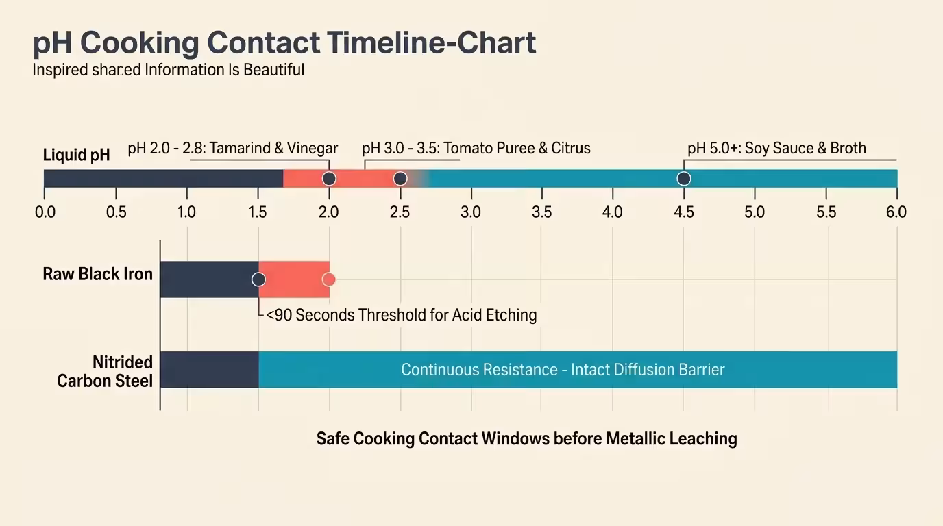 Horizontal bar chart comparing safe cooking contact windows across pH levels for raw black iron and nitrided carbon steel.