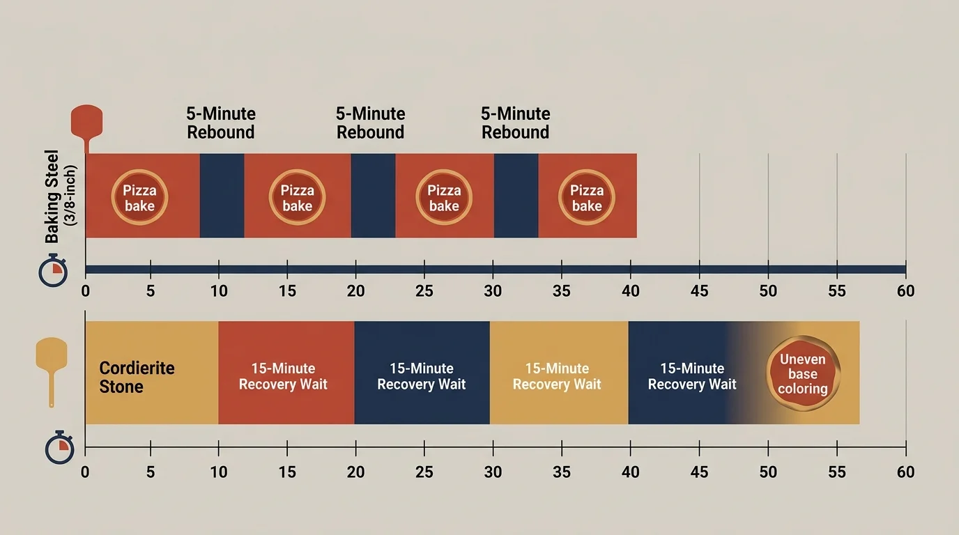 Timeline diagram comparing bake and recovery times across 60 minutes for a 3/8-inch baking steel versus a cordierite stone.
