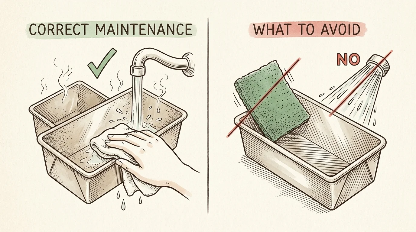 Split illustration showing correct loaf pan maintenance with gentle wiping versus what to avoid with harsh scrubbing.