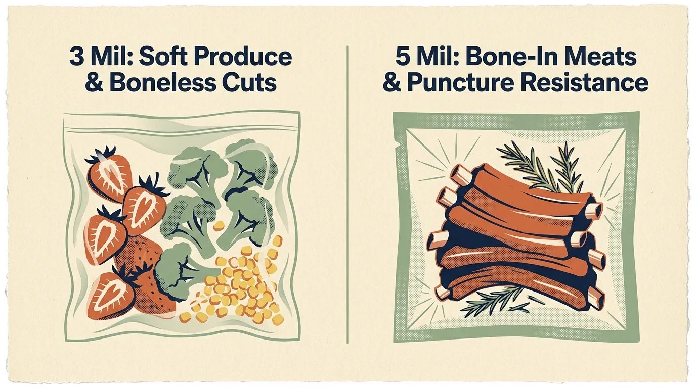 Illustration comparing a 3 mil vacuum bag packed with produce to a 5 mil bag holding bone-in ribs.