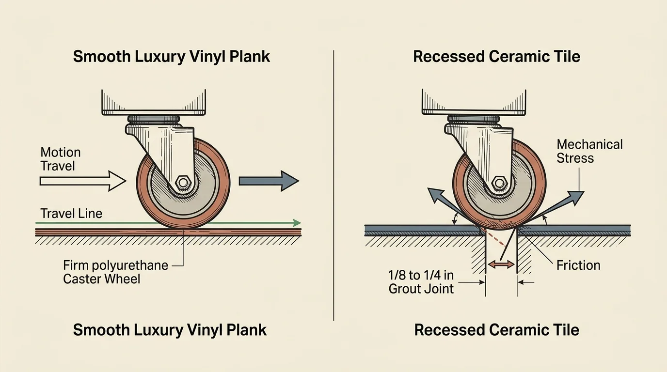 Illustration comparing rolling cart caster performance on smooth vinyl flooring versus dropping into recessed tile grout lines.