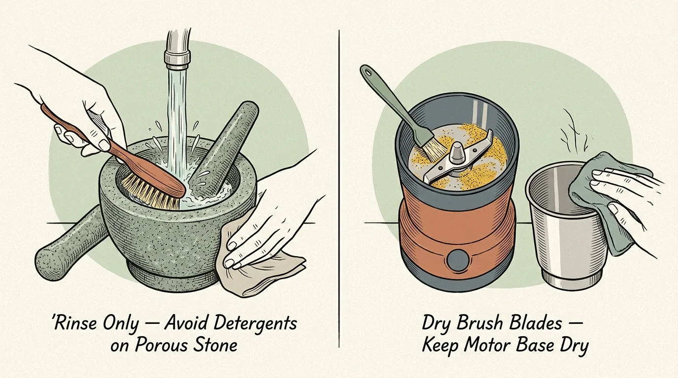 Split illustration showing a stone mortar rinsed under water beside an electric spice grinder being brushed and wiped dry.