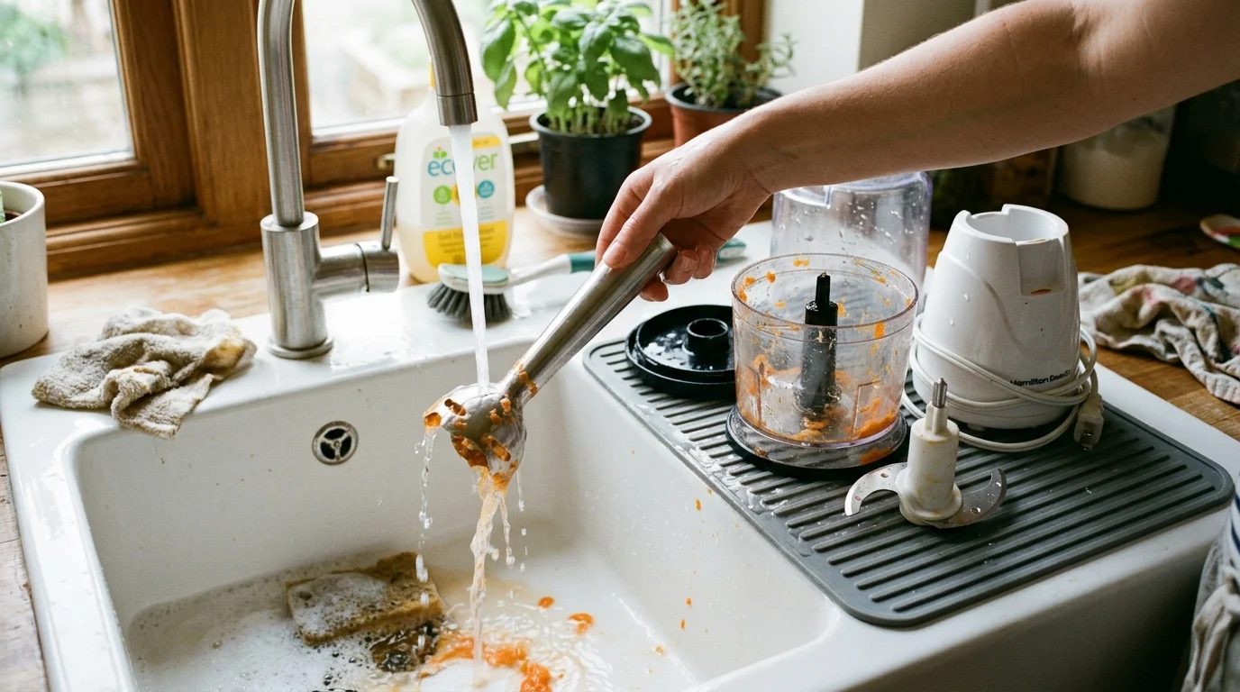 A person rinses an immersion blender wand in a sink next to disassembled food chopper parts covered in orange puree.