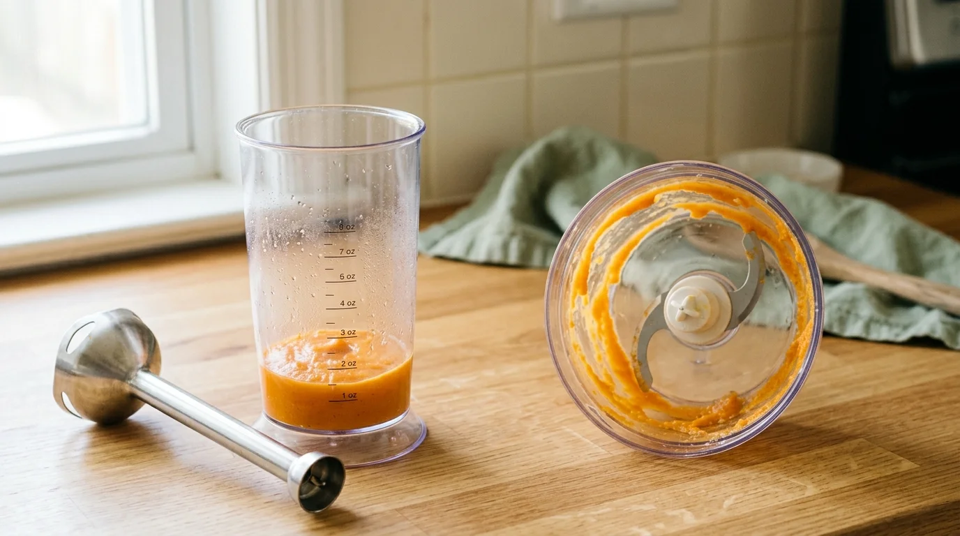 Immersion blender wand next to a tall beaker holding orange puree and a food processor bowl with puree on the walls.