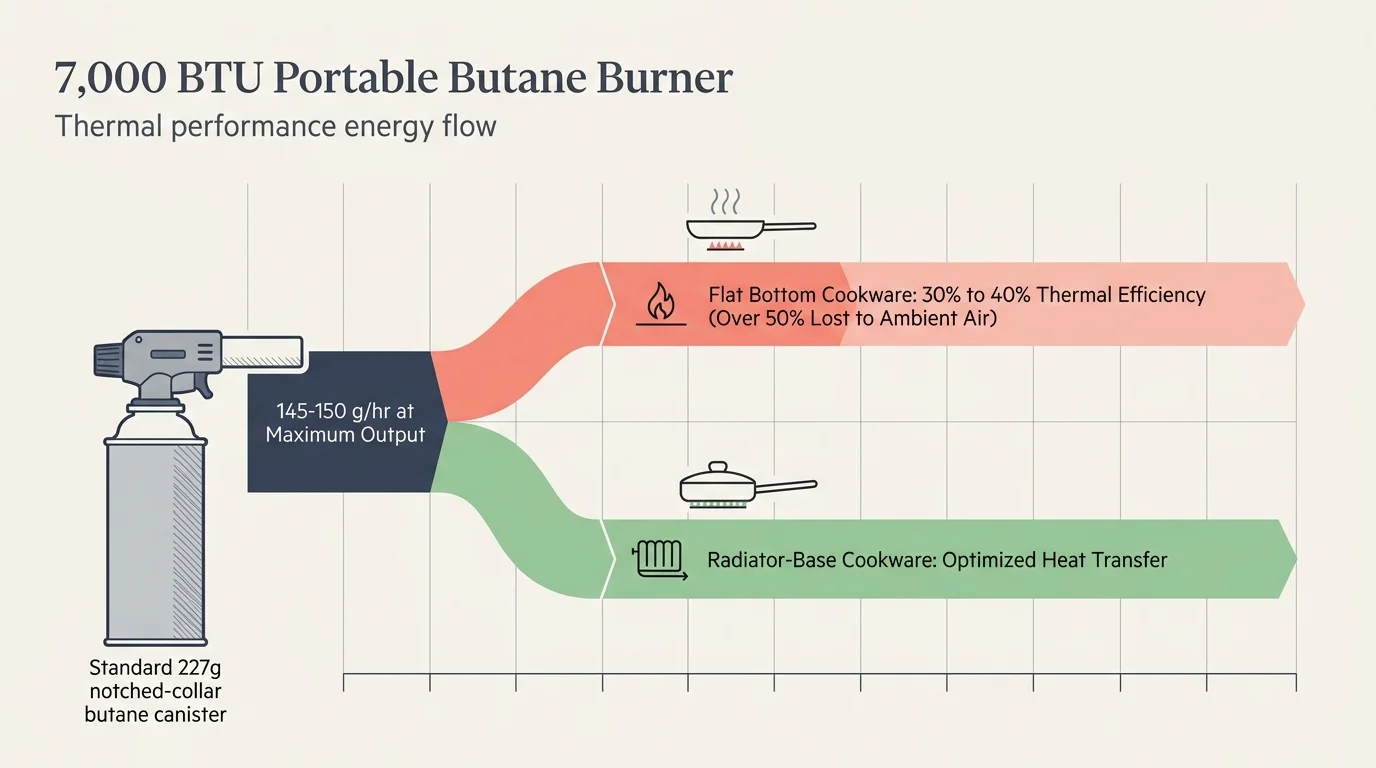 Diagram showing energy flow from a butane canister to flat bottom cookware versus radiator-base cookware.