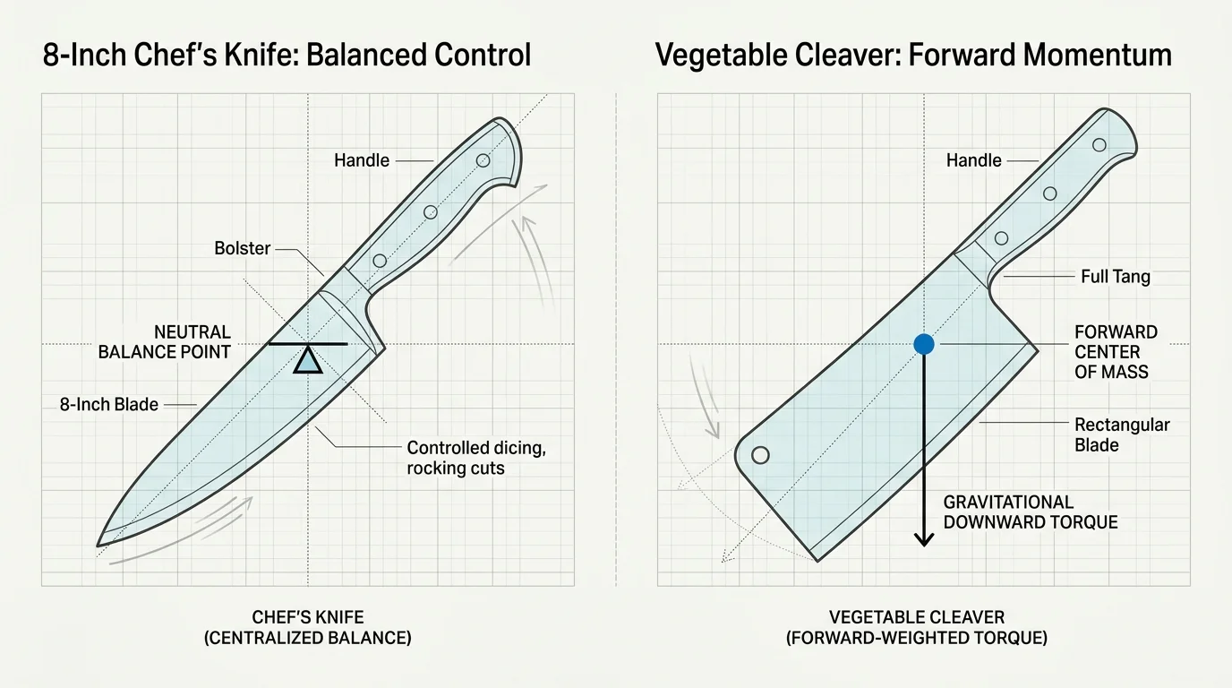 Infographic comparing center of mass and downward rotational torque between a chef's knife and a vegetable cleaver.