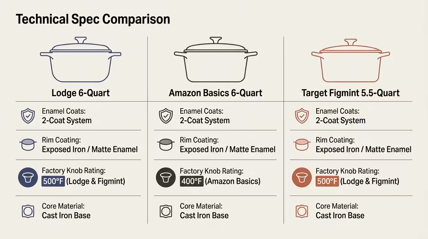 Infographic comparing technical specifications and knob temperature limits across budget Dutch oven brands.