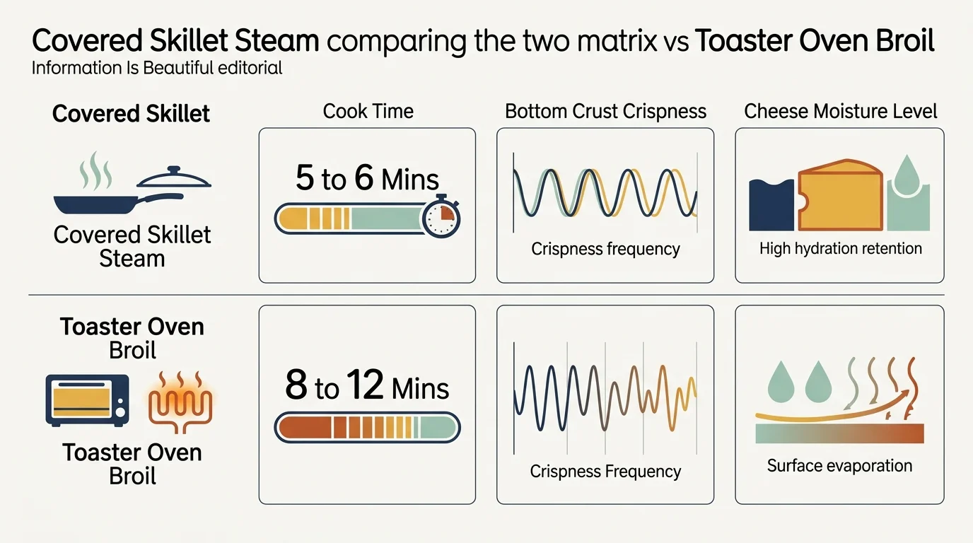Infographic matrix comparing cook times, crust crispness, and cheese hydration between skillet and toaster oven reheating.