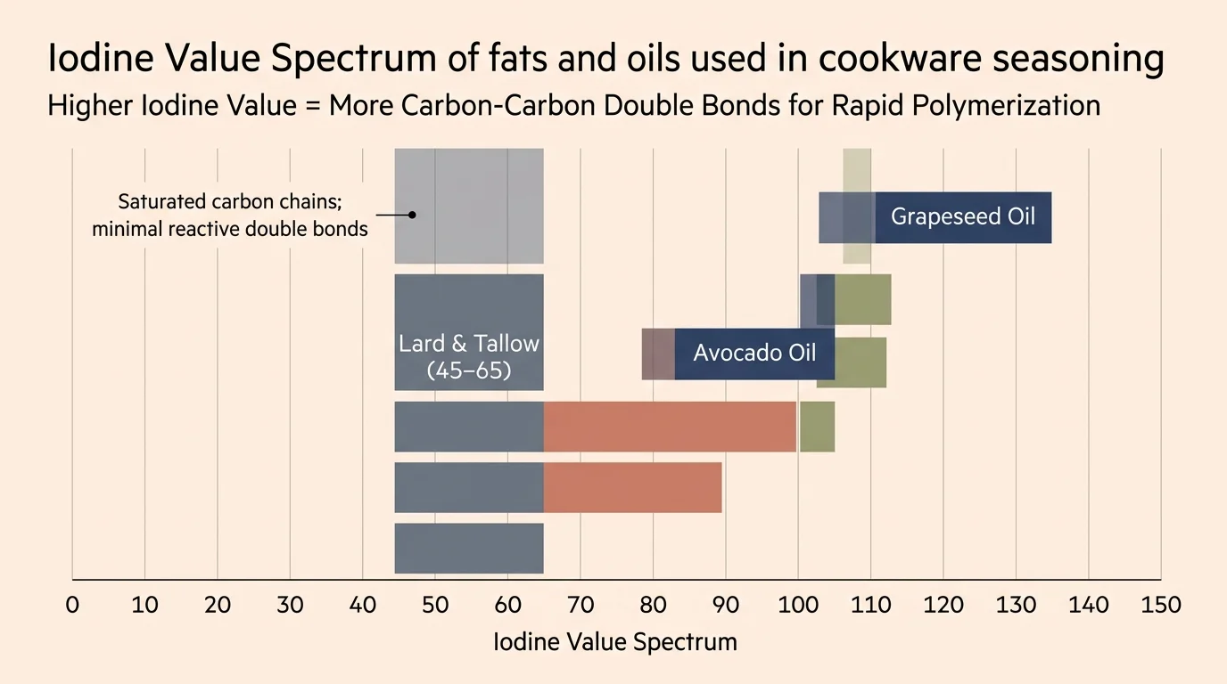 Bar chart comparing the iodine value spectrum of cookware seasoning fats, highlighting lard, avocado oil, and grapeseed oil.