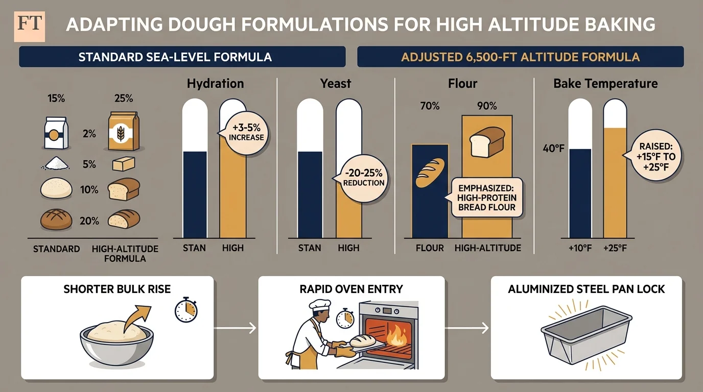 Diagram comparing standard sea-level baking formulas with 6,500-foot adjustments for hydration, yeast, flour, and baking steps.