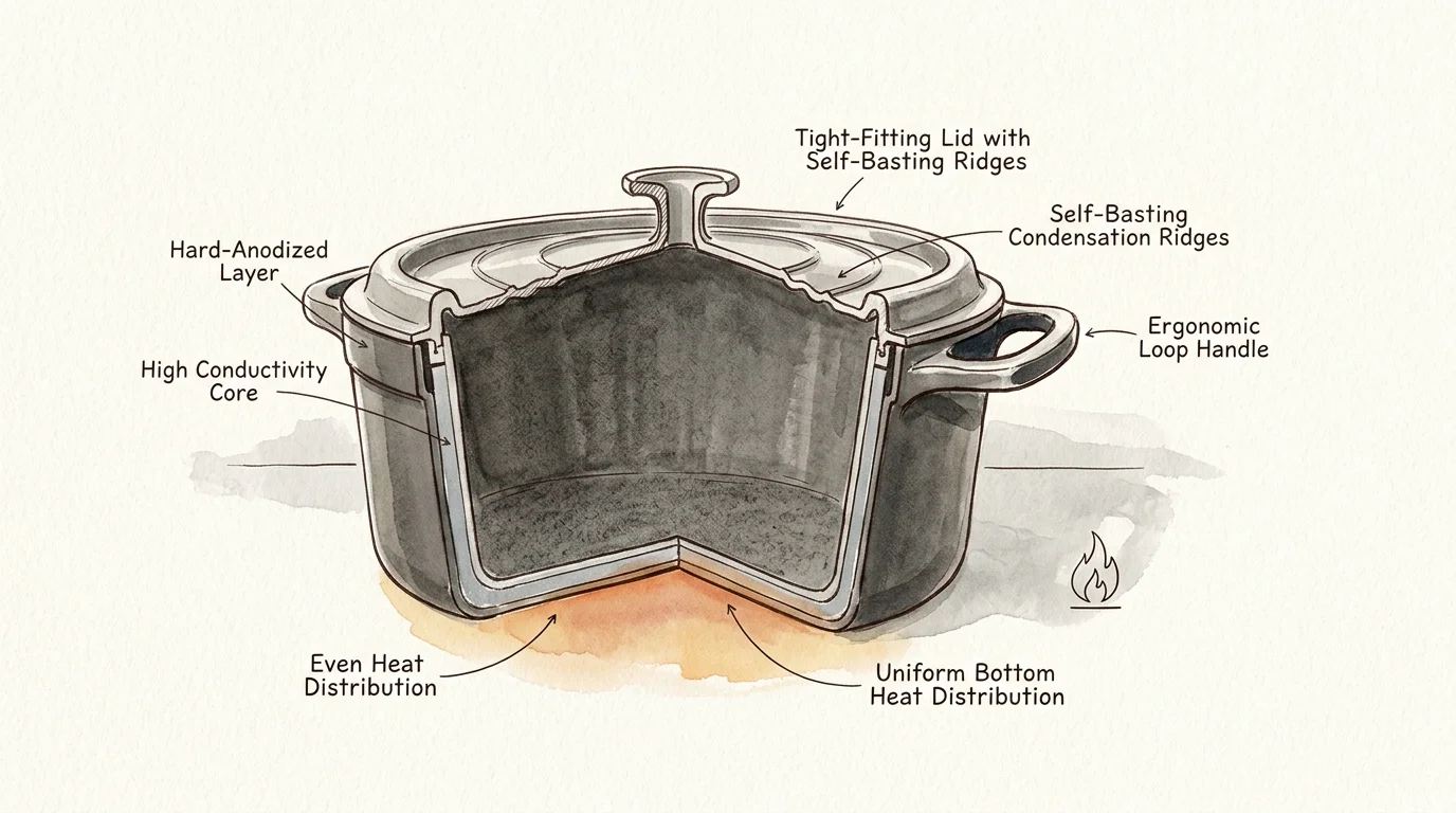 Cutaway illustration of a Dutch oven showing its interior layers, basting lid, and handles with labeled features.