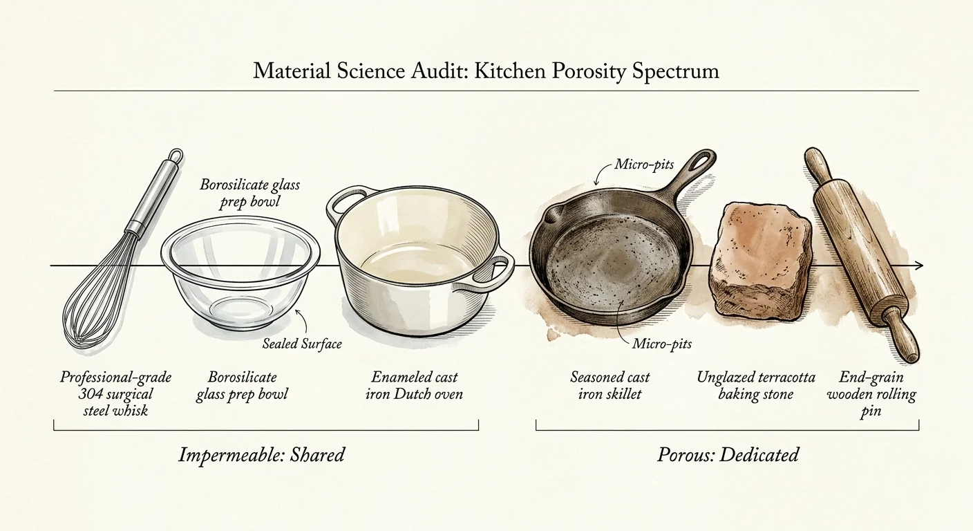 Diagram ranking kitchen tools from impermeable to porous, including a whisk, glass bowl, Dutch oven, skillet, and rolling pin.