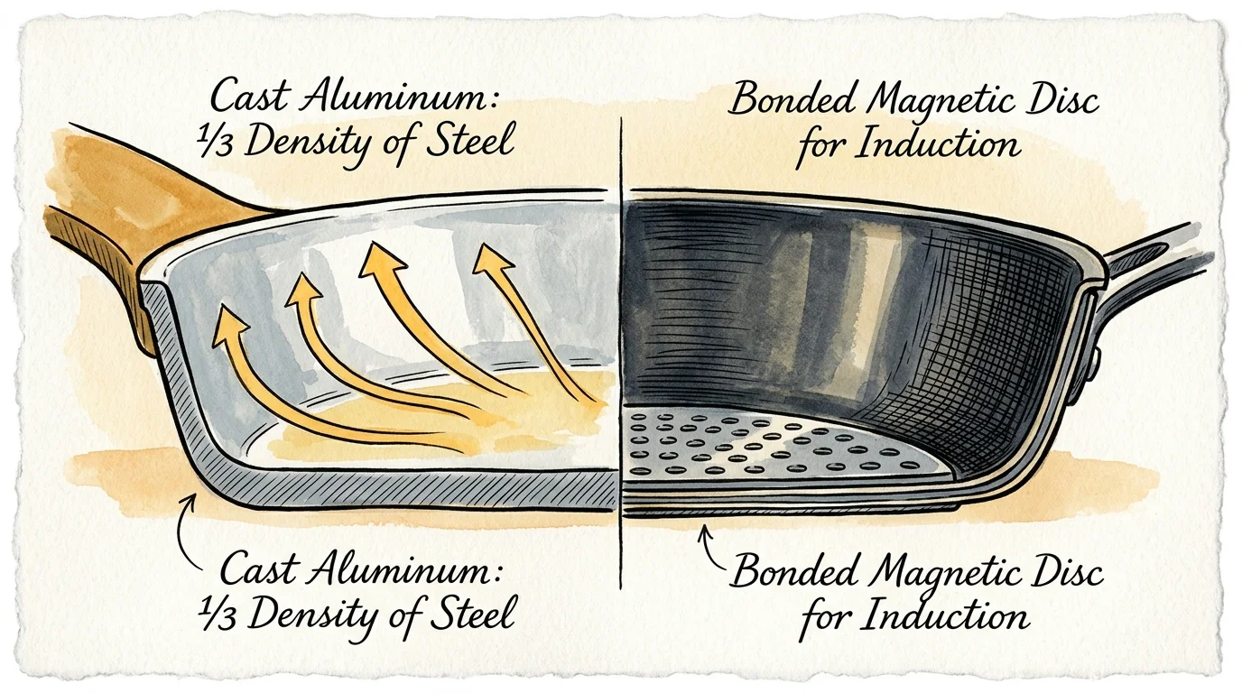 Cross-section diagram of a frying pan comparing cast aluminum heat distribution to an induction-bonded magnetic disc base.