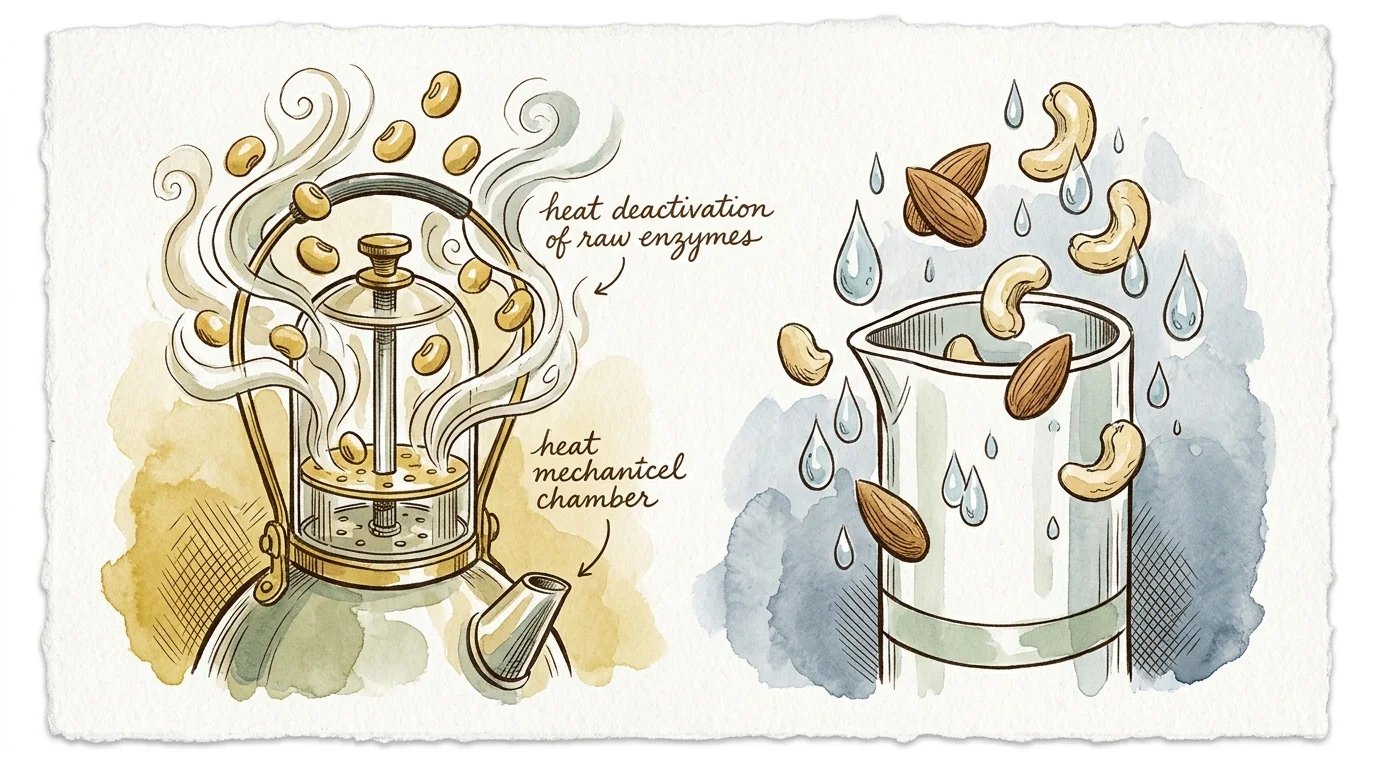 Split watercolor illustration showing steaming soybeans over a heated press alongside almonds and cashews falling into a beaker.