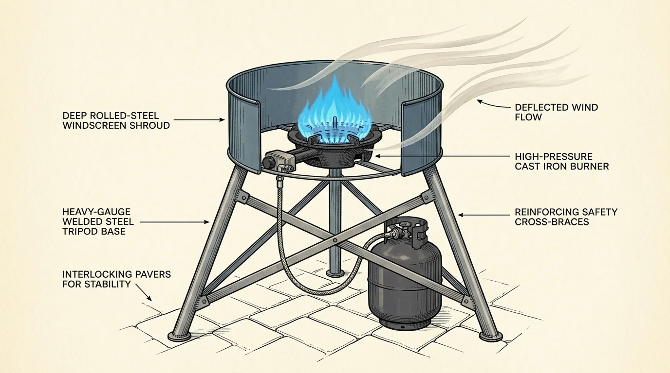 Diagram of an outdoor propane burner on a tripod base with a circular windscreen shroud deflecting wind from the flame.