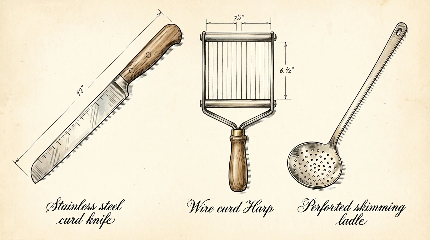 Vintage-style illustration of a curd knife, wire curd harp with dimensions, and a perforated skimming ladle with labels.