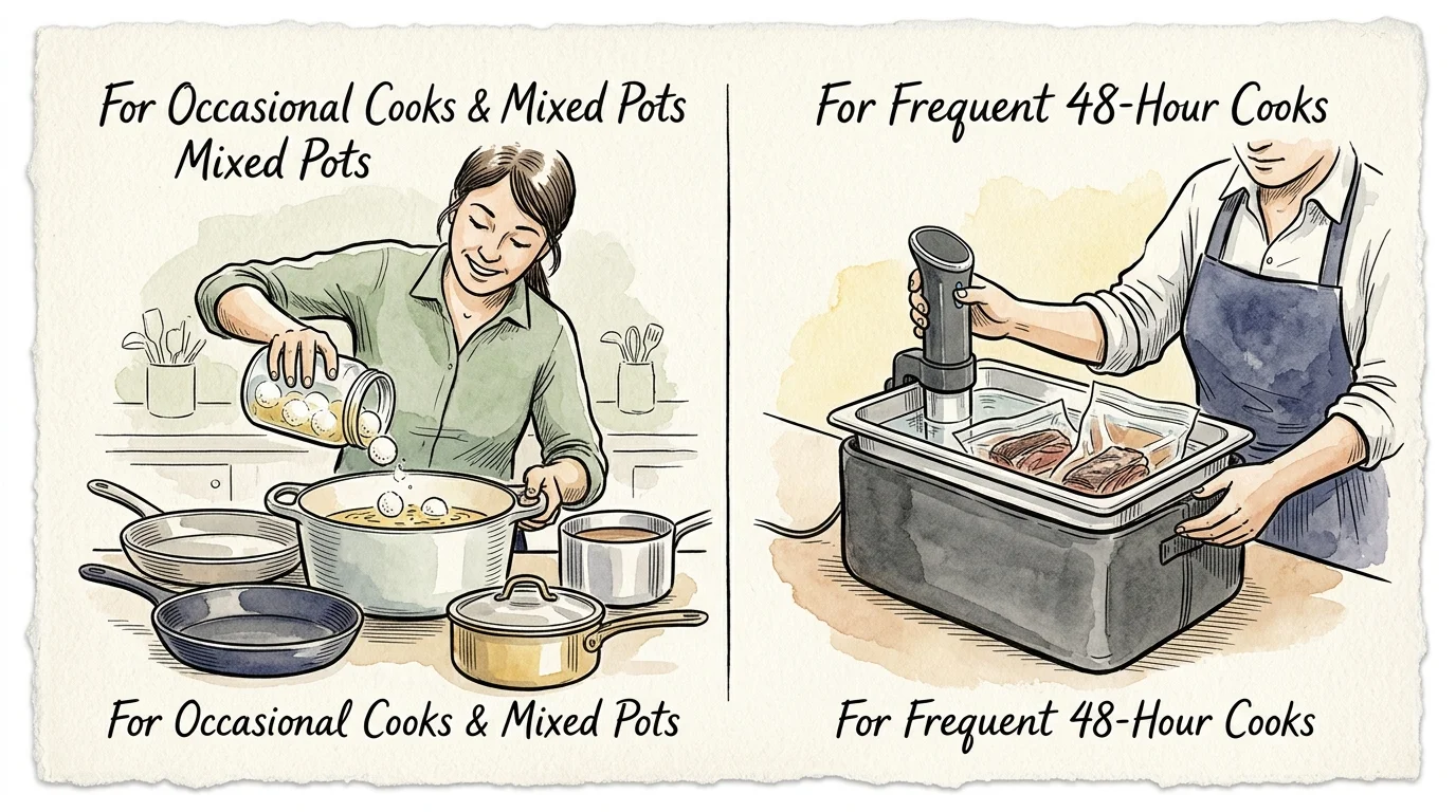 Split illustration showing water balls poured into a pot beside an insulated container with a sous-vide cooker.