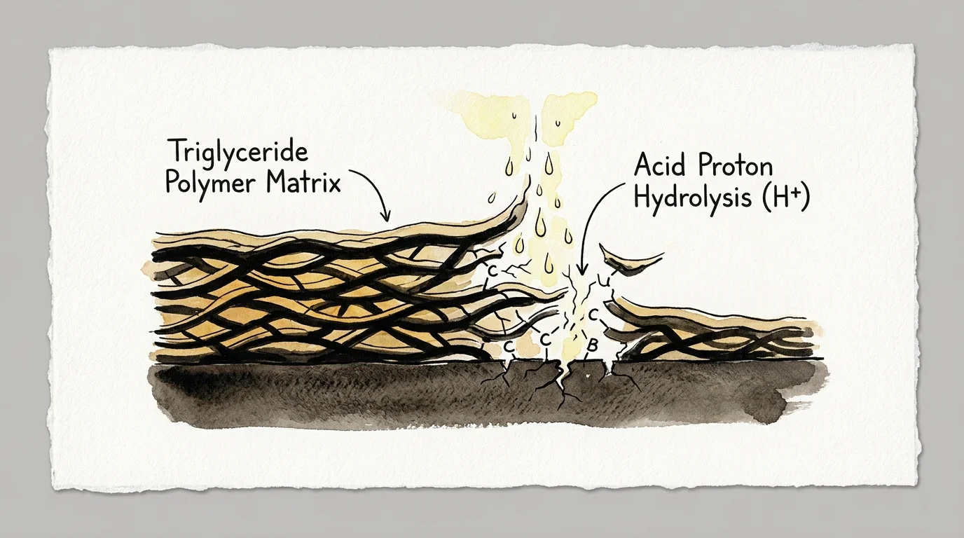 Diagram showing acid proton hydrolysis breaking through a layered triglyceride polymer matrix down to a substrate base.