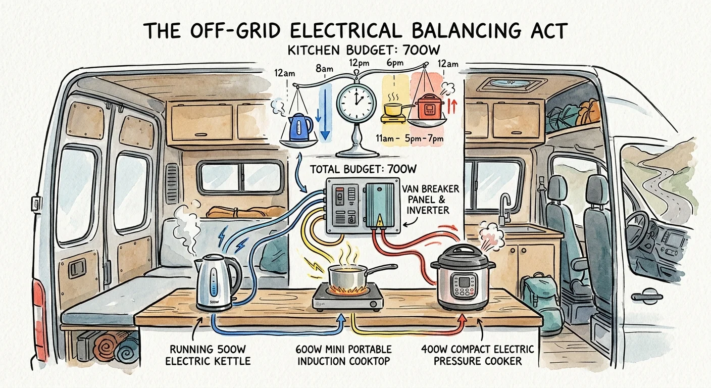 Illustration of camper van galley showing a scale balancing a kettle against a cooktop and pressure cooker wired to an inverter.