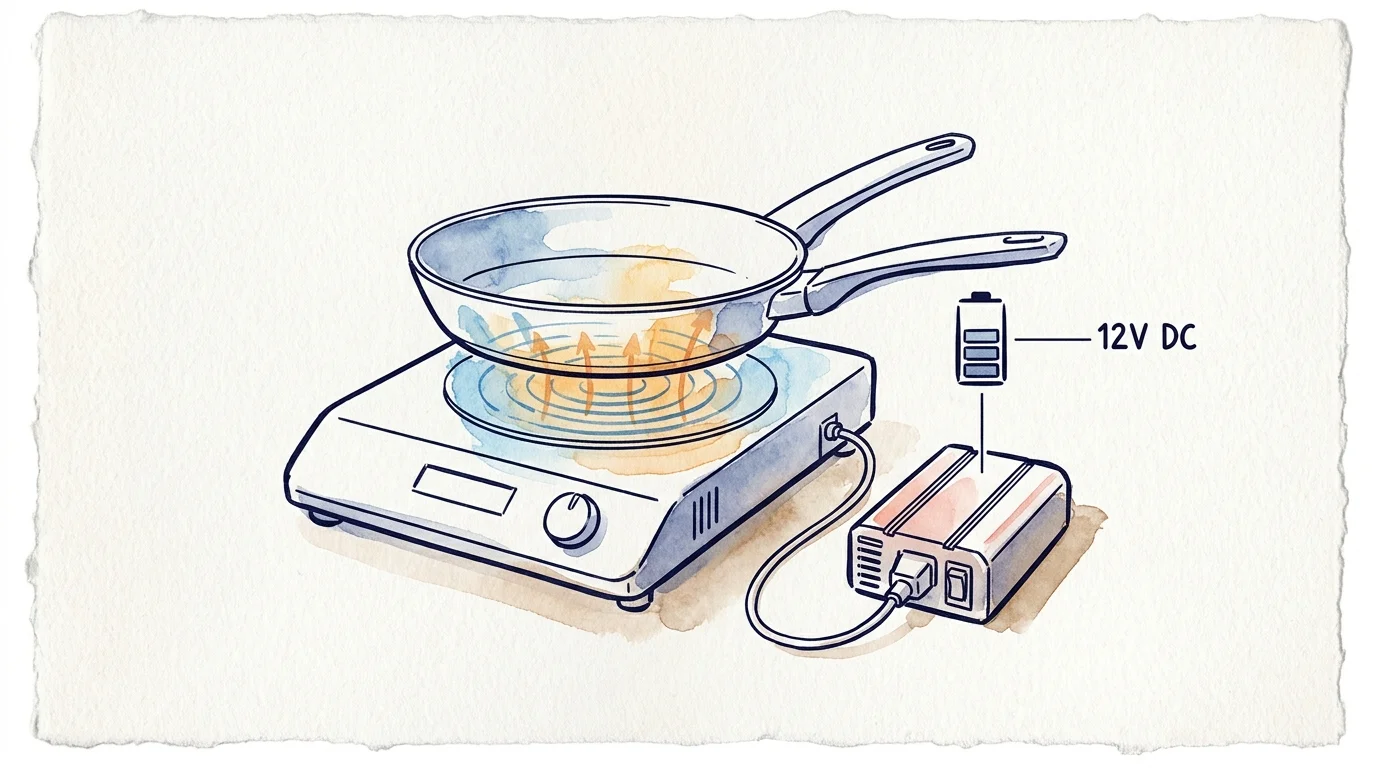 Watercolor sketch of a frying pan on an induction burner connected to a power inverter labeled 12V DC.