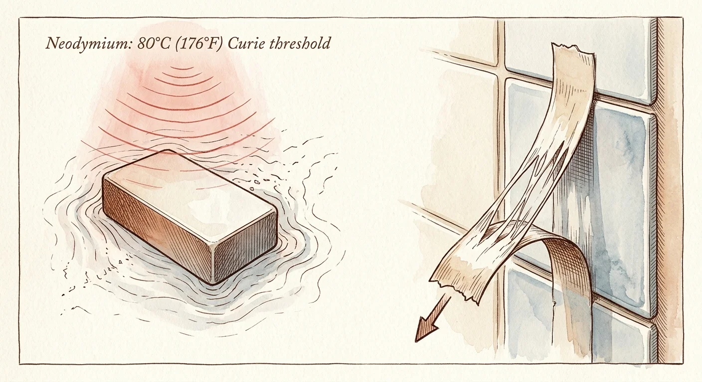 Illustration of a rectangular magnet under heat waves next to adhesive tape peeling away from kitchen wall tiles.