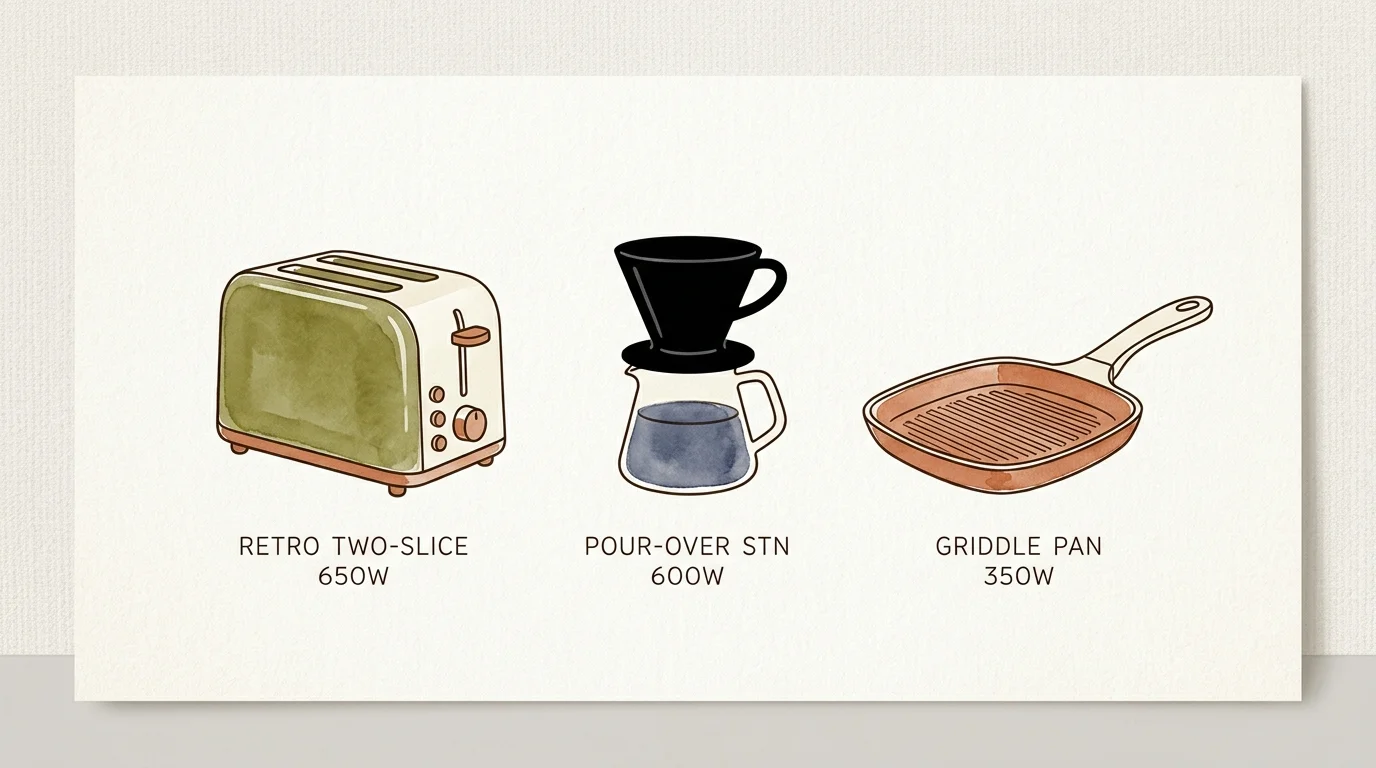 Ink sketch of a two-slice toaster, pour-over coffee station, and griddle pan labeled with wattages.