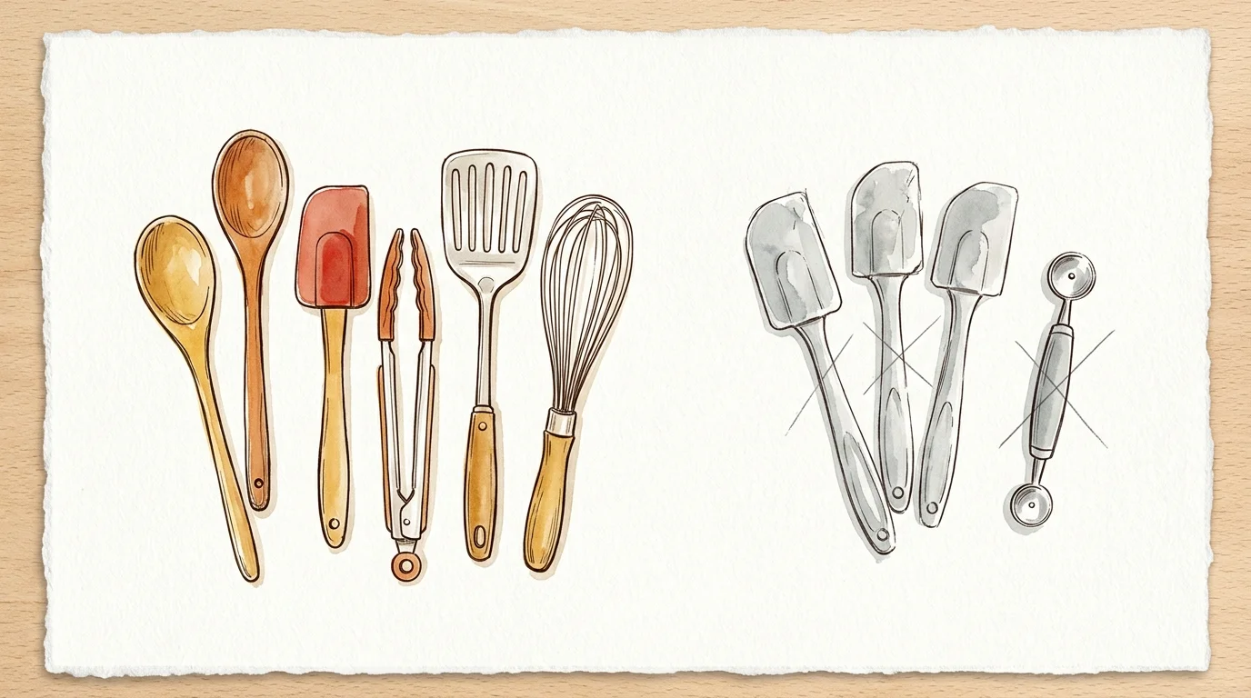 Ink and watercolor editorial sketch separating essential kitchen tools from redundant duplicate utensils.