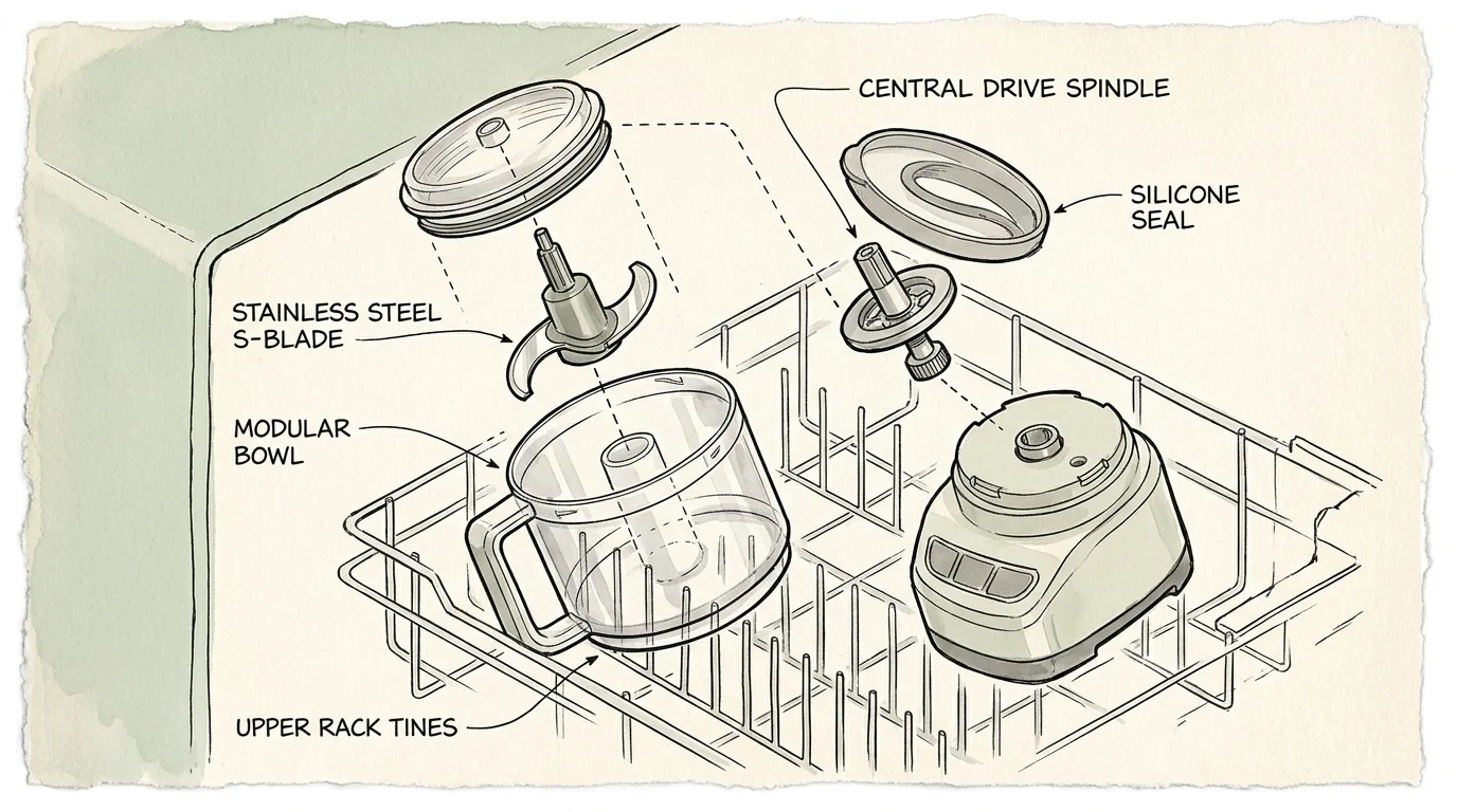 Diagram of disassembled food processor parts positioned above upper dishwasher rack tines with labeled components.