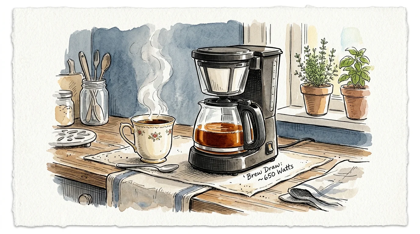 Ink and watercolor sketch of a compact drip coffee maker, glass carafe, steaming cup, and potted herbs by a window.